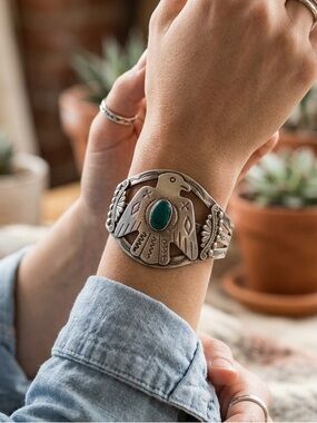 Vintage Silversmith Crafted Thunderbird Cuff w Turquoise